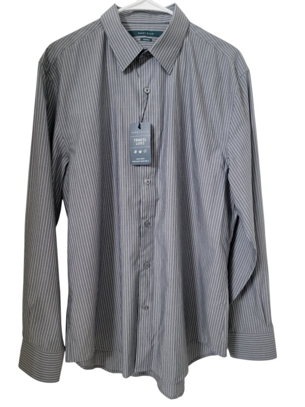 Perry Ellis Size L Gray & White Pinstripe Travel Luxe Button Down Dress Shirt